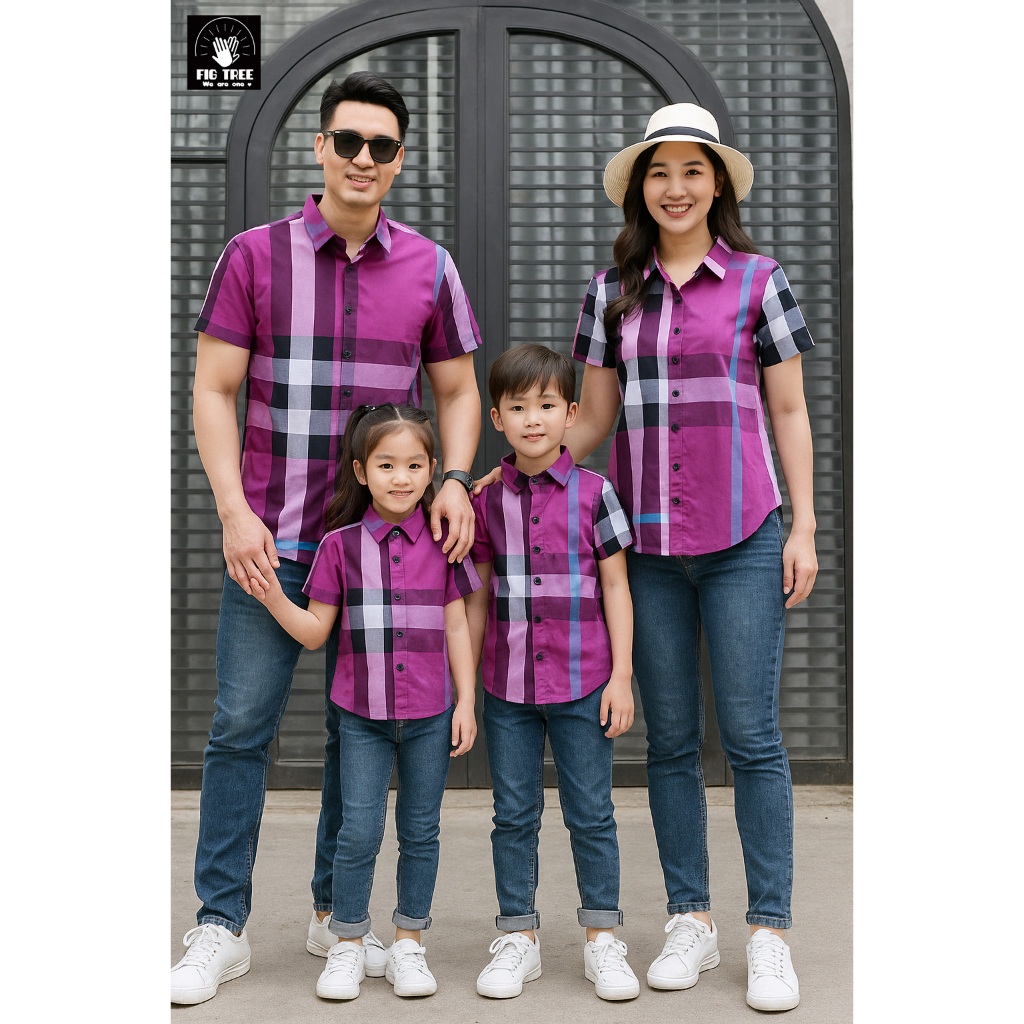 Áo Sơ Mi Gia Đình Tay Ngắn Fig Tree Caro Sọc Tím Cá Tính, Set Gia đình dễ phối siêu sang