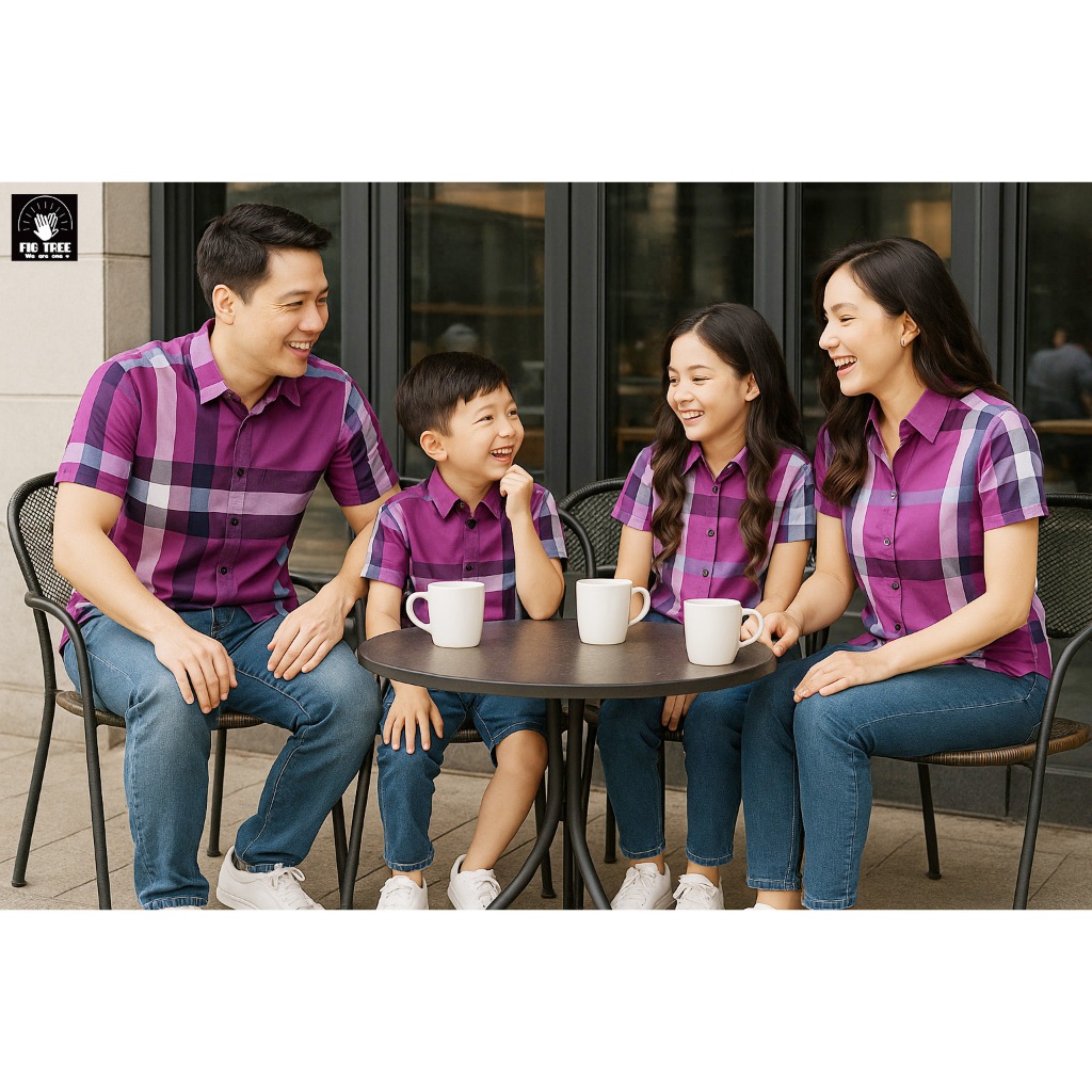 Áo Sơ Mi Gia Đình Tay Ngắn Fig Tree Caro Sọc Tím Cá Tính, Set Gia đình dễ phối siêu sang