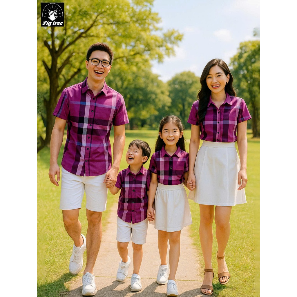 Áo Sơ Mi Gia Đình Tay Ngắn Fig Tree Caro Sọc Tím Cá Tính, Set Gia đình dễ phối siêu sang