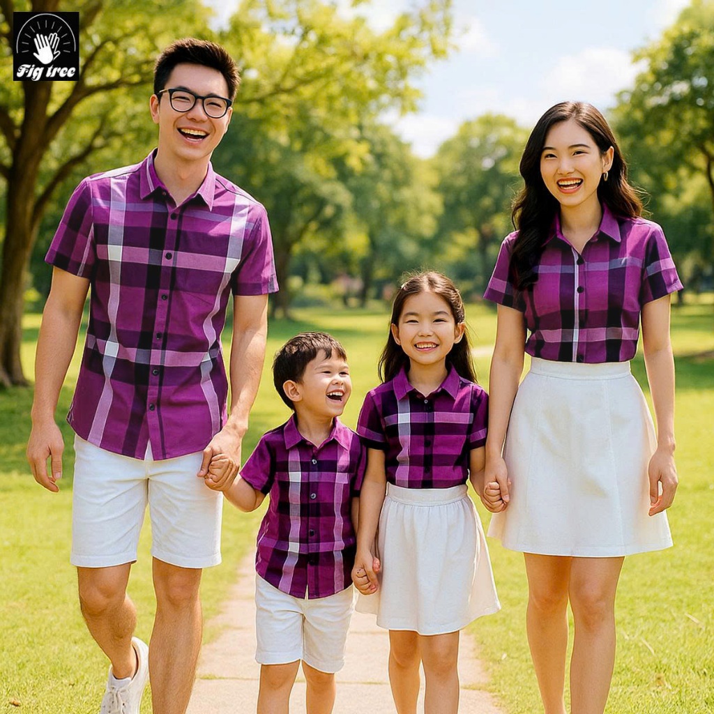 Áo Sơ Mi Gia Đình Tay Ngắn Fig Tree Caro Sọc Tím Cá Tính, Set Gia đình dễ phối siêu sang