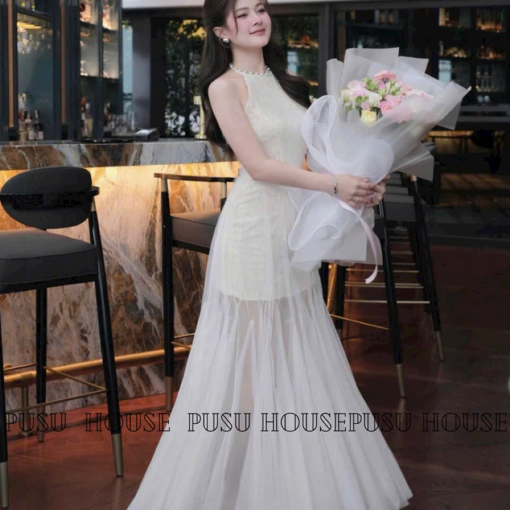 Đầm dự tiệc ren bông phủ lưới dài nàng thơ nữ tính(không cườm cổ)- Pusu house