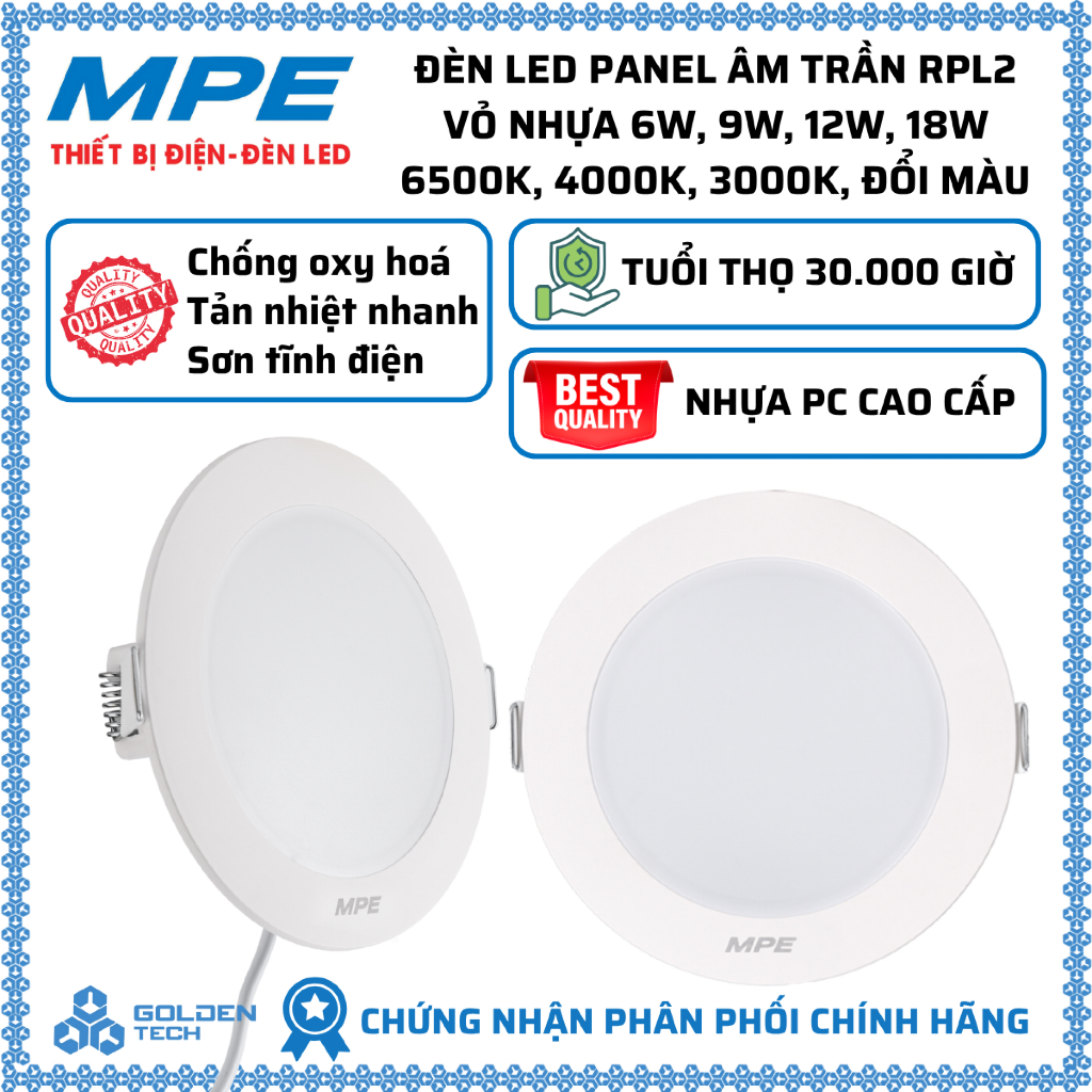 Đèn Led Panel âm trần vỏ nhựa RPL2 MPE 6W, 9W, 12W, 18W 6500K, 4000K ...