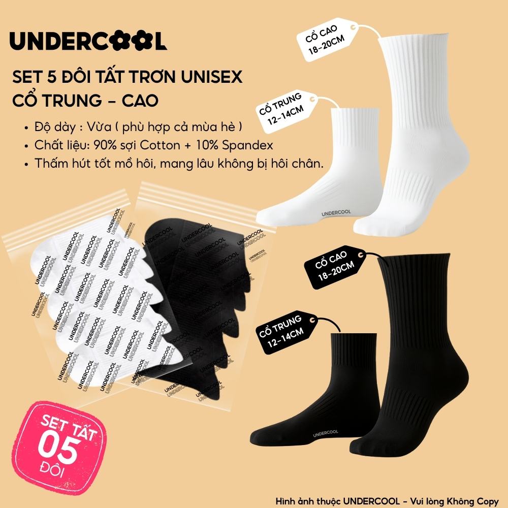 COMBO 5 đoi Tất vớ nữ unisex UNDERCOOL kiểu Hàn Quốc co giãn bốn chiều , phong cách đơn giản , chống hôi chân CB-TC96