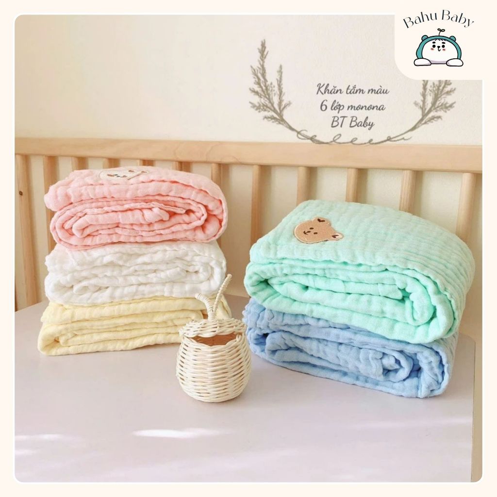 Khăn tắm 6 lớp organic MONONA mềm mịn kháng khuẩn, thấm hút tốt, màu trơn thêu họa tiết đáng yêu 100x110- Bahu_Baby
