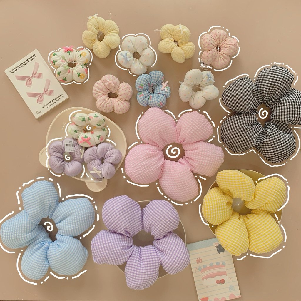 Scrunchie Cột Tóc Hình Phao Bông Hoa Hoạ Tiết Caro Nhí Phong Cách Hàn Quốc Bánh Bèo Nàng Thơ Siêu Dễ Thương
