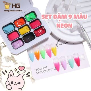 Gel Dặm Ombre Neon 9 Màu Khay Gel Vẽ Móng | In Họa Tiết Khuôn Sơn Gel Mịn Đẹp HG Set Dặm 9 Màu Neon | TheGioiNail666
