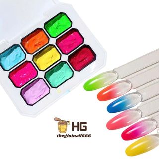 Gel Dặm Ombre Neon 9 Màu Khay Gel Vẽ Móng | In Họa Tiết Khuôn Sơn Gel Mịn Đẹp HG Set Dặm 9 Màu Neon | TheGioiNail666
