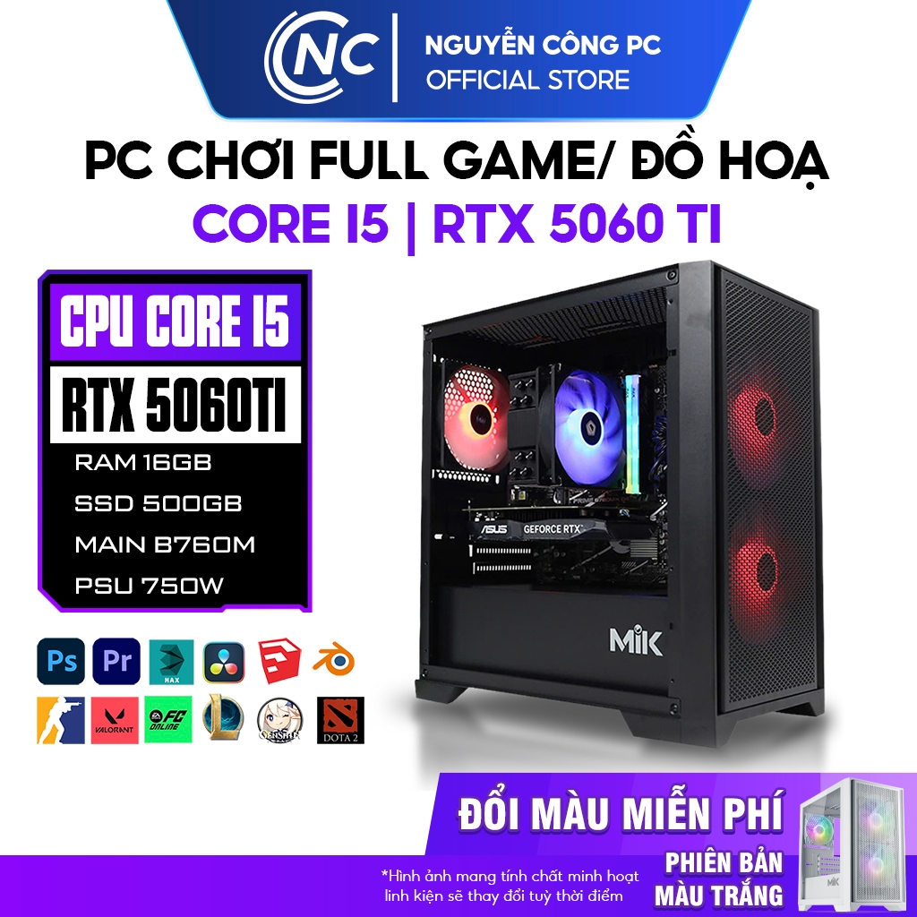 Bộ máy tính PC Gaming i5 14400f / 12400F + RTX 5060 Ti ram 16GB chiến mọi game, đồ họa - BH 36 Tháng