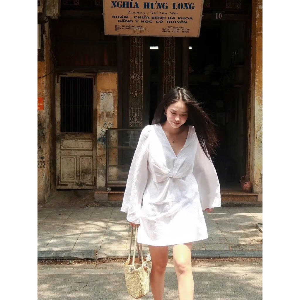 Ome -  Đầm Linen tay loe xoắn ngực BEELY