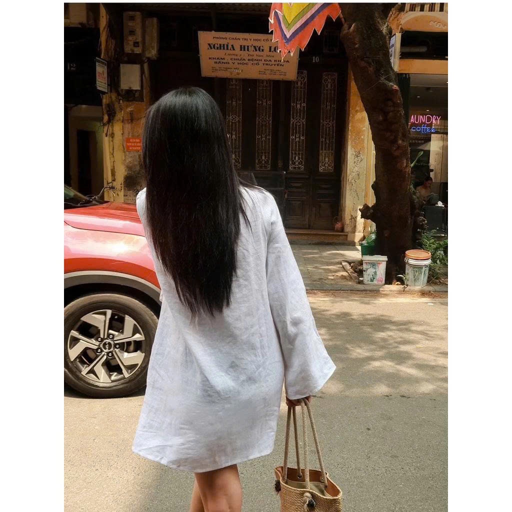 Ome -  Đầm Linen tay loe xoắn ngực BEELY