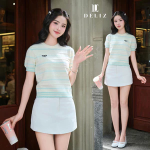 DELIZ - Áo len cộc tay cổ tròn phối kẻ ngang thêu nơ nhiều màu basic mùa hè thu ALC01