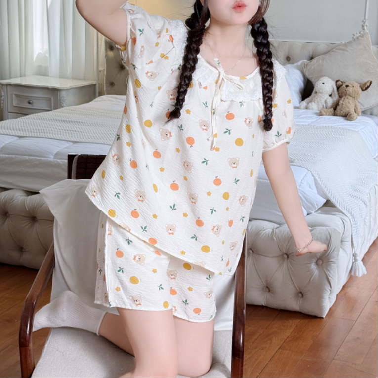 Đồ Bộ Nữ Mặc Nhà Mùa Hè Bigsize Vải Đũi Mềm Nhẹ Mát Tay Ngắn Quần Đùi Cổ Bèo Ren Dễ Thương - PONA