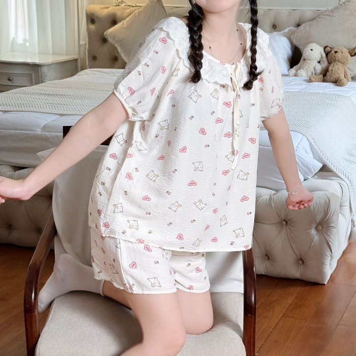 Đồ Bộ Nữ Mặc Nhà Mùa Hè Bigsize Vải Đũi Mềm Nhẹ Mát Tay Ngắn Quần Đùi Cổ Bèo Ren Dễ Thương - PONA