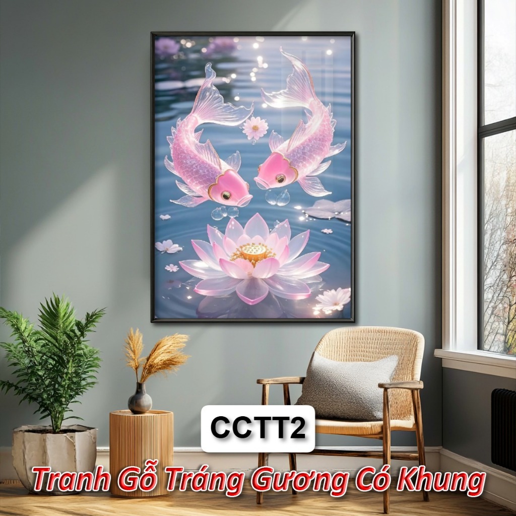 Tranh Tráng Gương Hoa Sen và Cá Chép Có Khung Phong Cách Thủy Tinh - Tranh Treo Tường Decor Nhà Cửa, Phòng Thờ