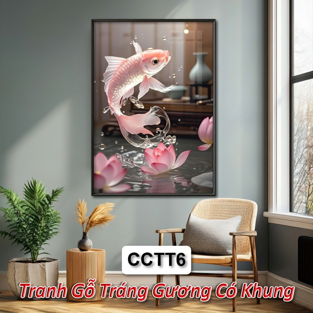 Tranh Tráng Gương Hoa Sen và Cá Chép Có Khung Phong Cách Thủy Tinh - Tranh Treo Tường Decor Nhà Cửa, Phòng Thờ
