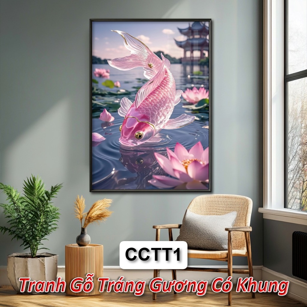 Tranh Tráng Gương Hoa Sen và Cá Chép Có Khung Phong Cách Thủy Tinh - Tranh Treo Tường Decor Nhà Cửa, Phòng Thờ