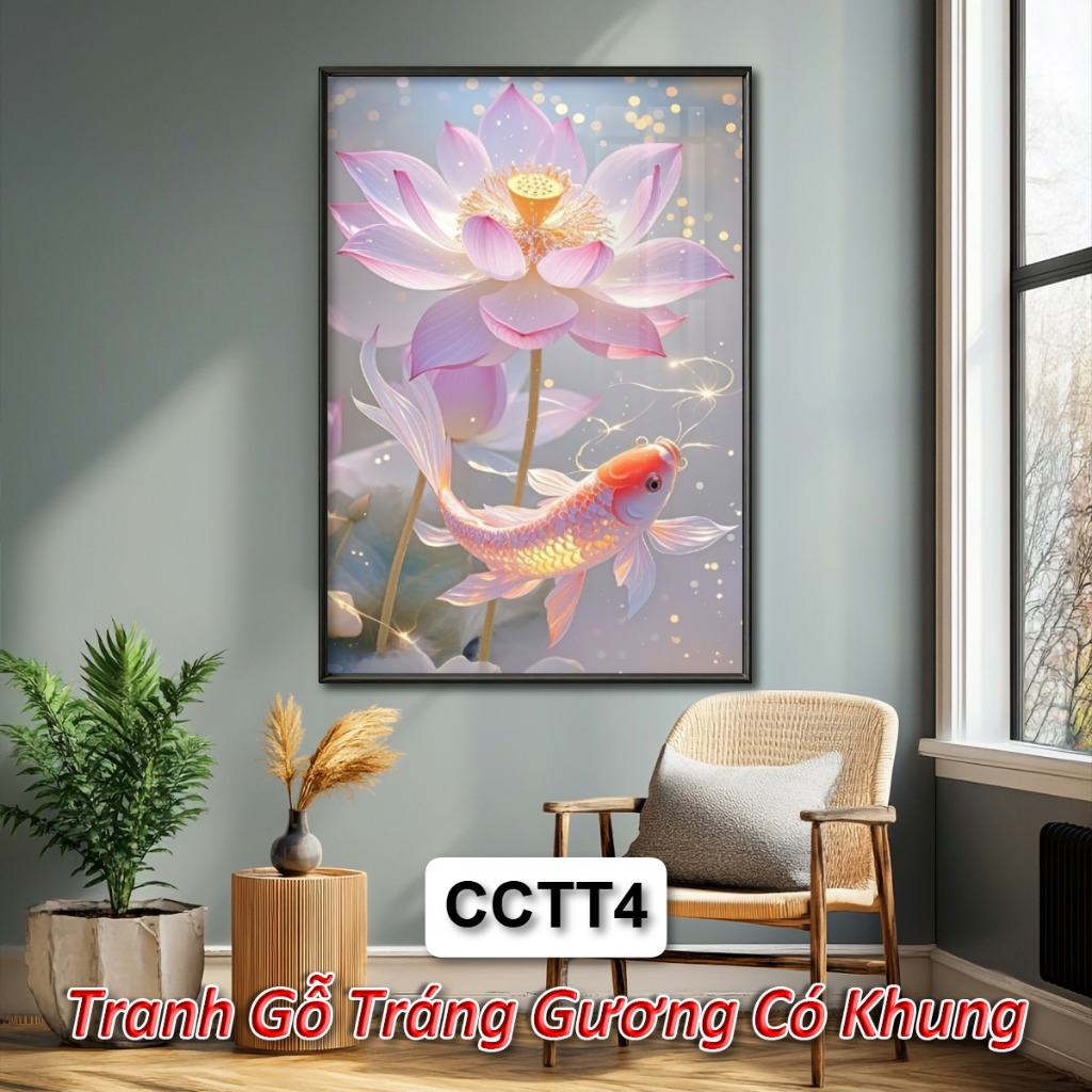 Tranh Tráng Gương Hoa Sen và Cá Chép Có Khung Phong Cách Thủy Tinh - Tranh Treo Tường Decor Nhà Cửa, Phòng Thờ
