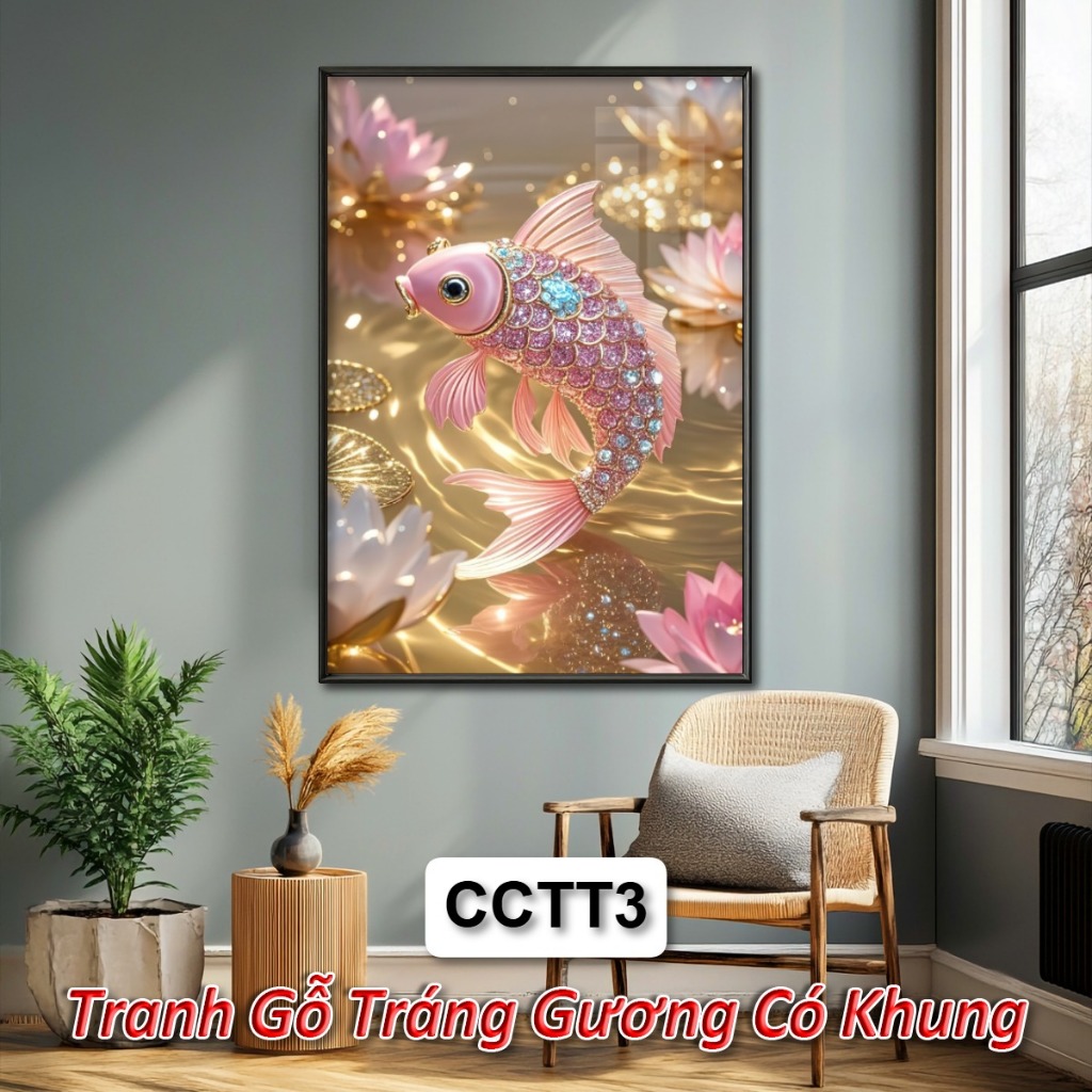 Tranh Tráng Gương Hoa Sen và Cá Chép Có Khung Phong Cách Thủy Tinh - Tranh Treo Tường Decor Nhà Cửa, Phòng Thờ