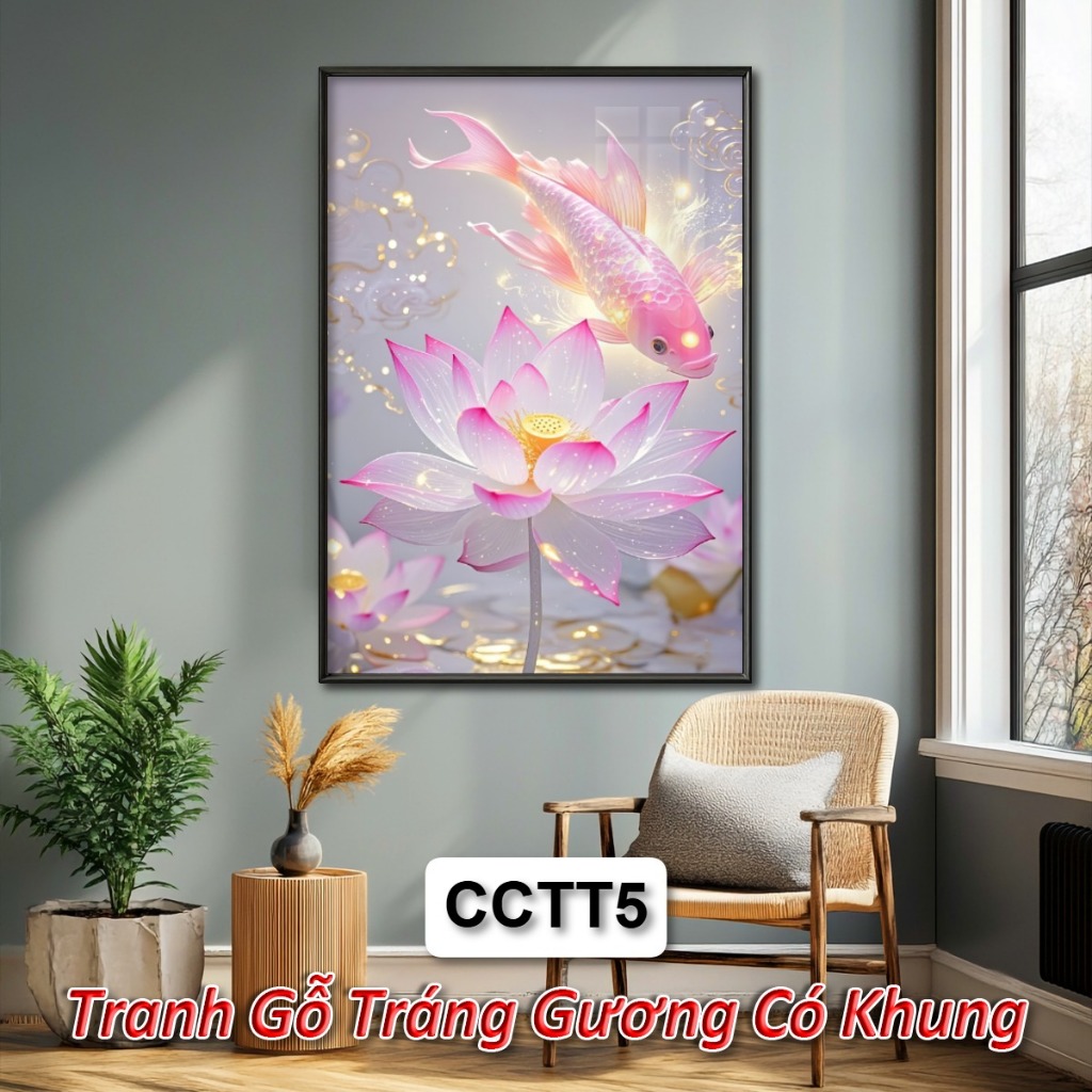 Tranh Tráng Gương Hoa Sen và Cá Chép Có Khung Phong Cách Thủy Tinh - Tranh Treo Tường Decor Nhà Cửa, Phòng Thờ