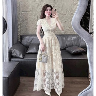 Đầm thời trang nữ chất ren tay búp cổ tim váy dáng dài xòe có lót kín đáo họa tiết thêu hoa xinh