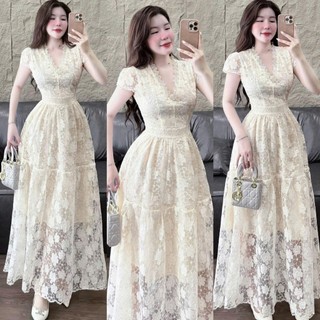 Đầm thời trang nữ chất ren tay búp cổ tim váy dáng dài xòe có lót kín đáo họa tiết thêu hoa xinh
