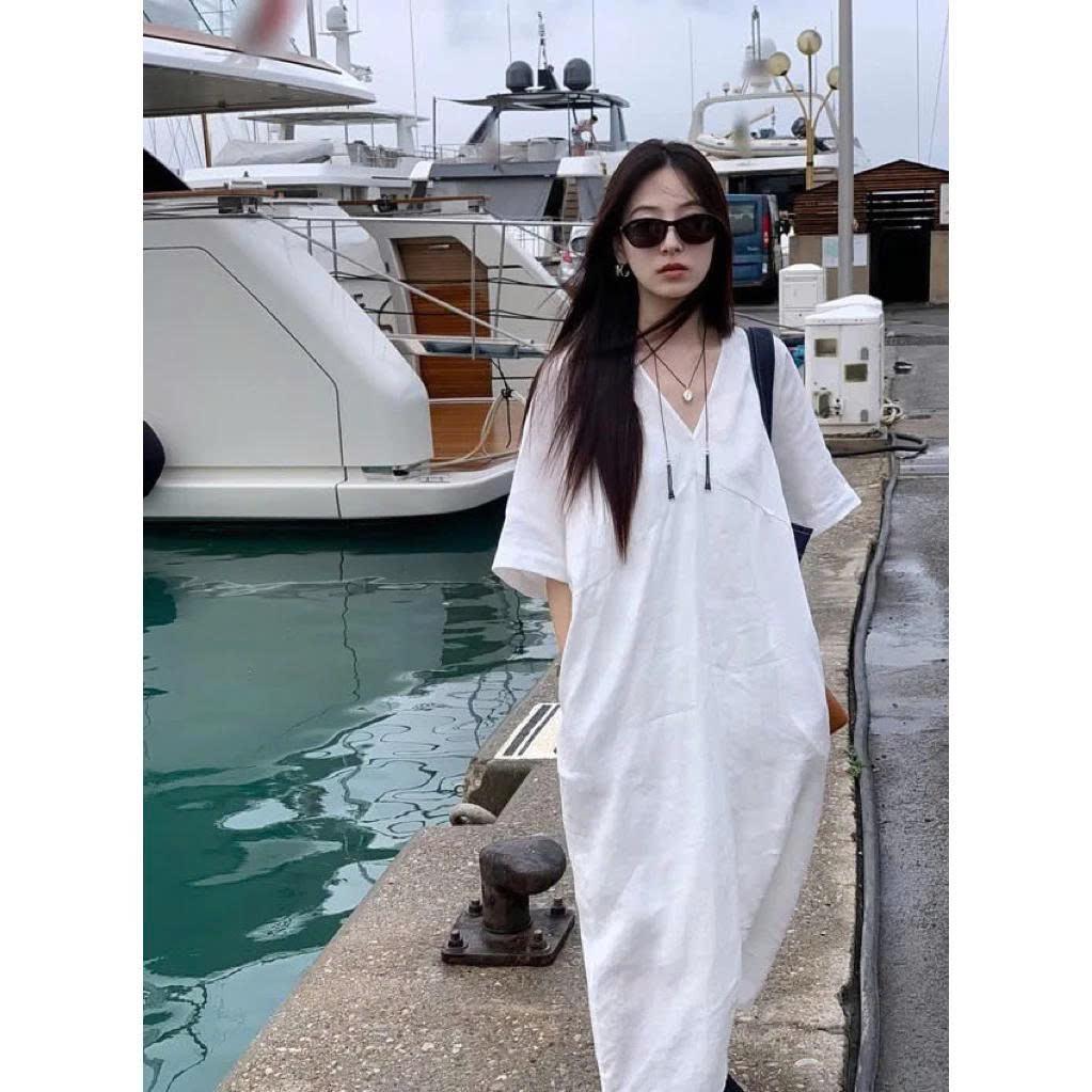 𝗗𝘂𝗻n-  Đầm Linen cổ V xuông tay cánh dơi