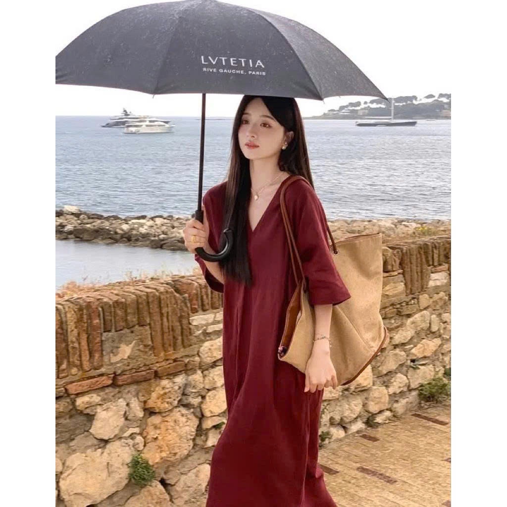 𝗗𝘂𝗻n-  Đầm Linen cổ V xuông tay cánh dơi