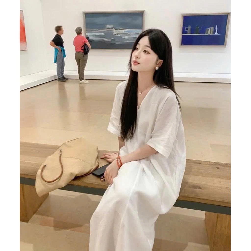 𝗗𝘂𝗻n-  Đầm Linen cổ V xuông tay cánh dơi