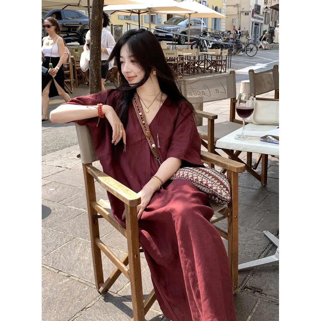 𝗗𝘂𝗻n-  Đầm Linen cổ V xuông tay cánh dơi