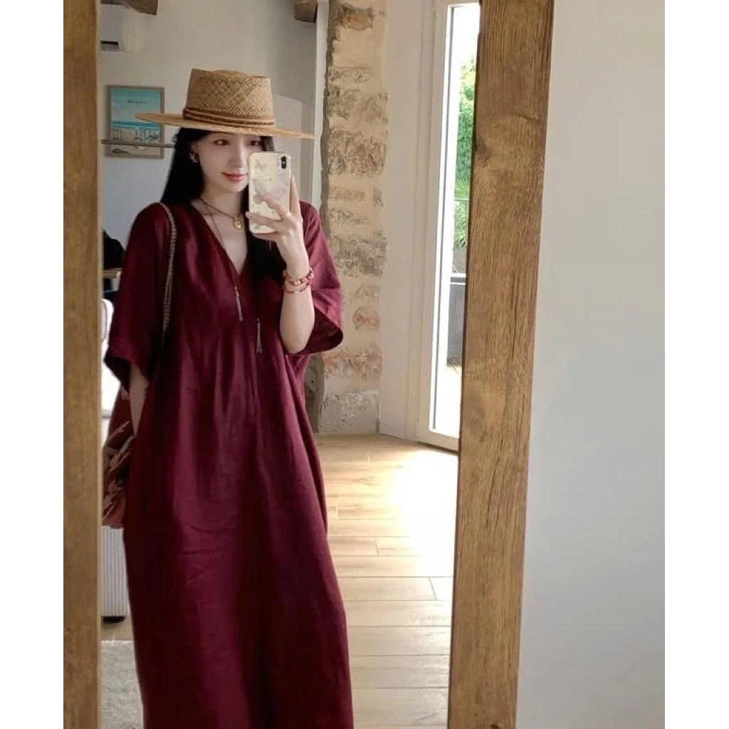 𝗗𝘂𝗻n-  Đầm Linen cổ V xuông tay cánh dơi