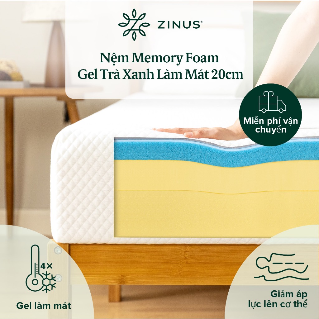 Nệm Memory Foam Zinus Gel Trà Xanh Vải Tencel Mềm Mát 20cm