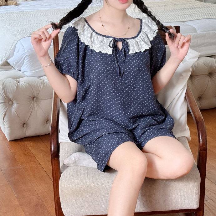 Đồ Bộ Nữ Mặc Nhà Mùa Hè Bigsize Vải Đũi Mềm Nhẹ Mát Tay Ngắn Quần Đùi Cổ Bèo Ren Dễ Thương - PONA