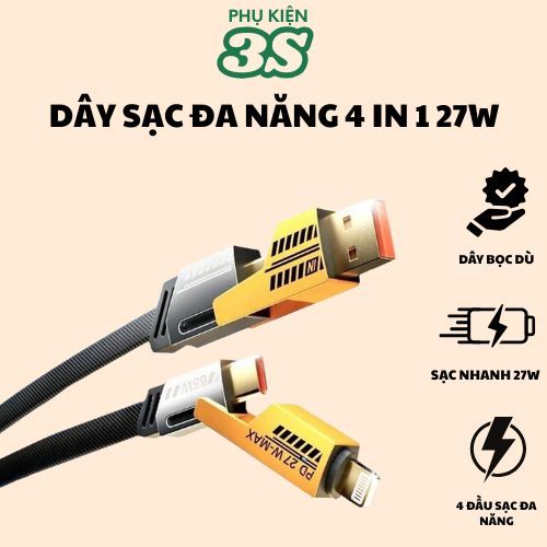 Dây Cáp sạc nhanh 4 IN 1 bền dẻo chống đứt gồm 4 cổng sạc 2 đầu USB Type c và 2 đầu ra Type C LN