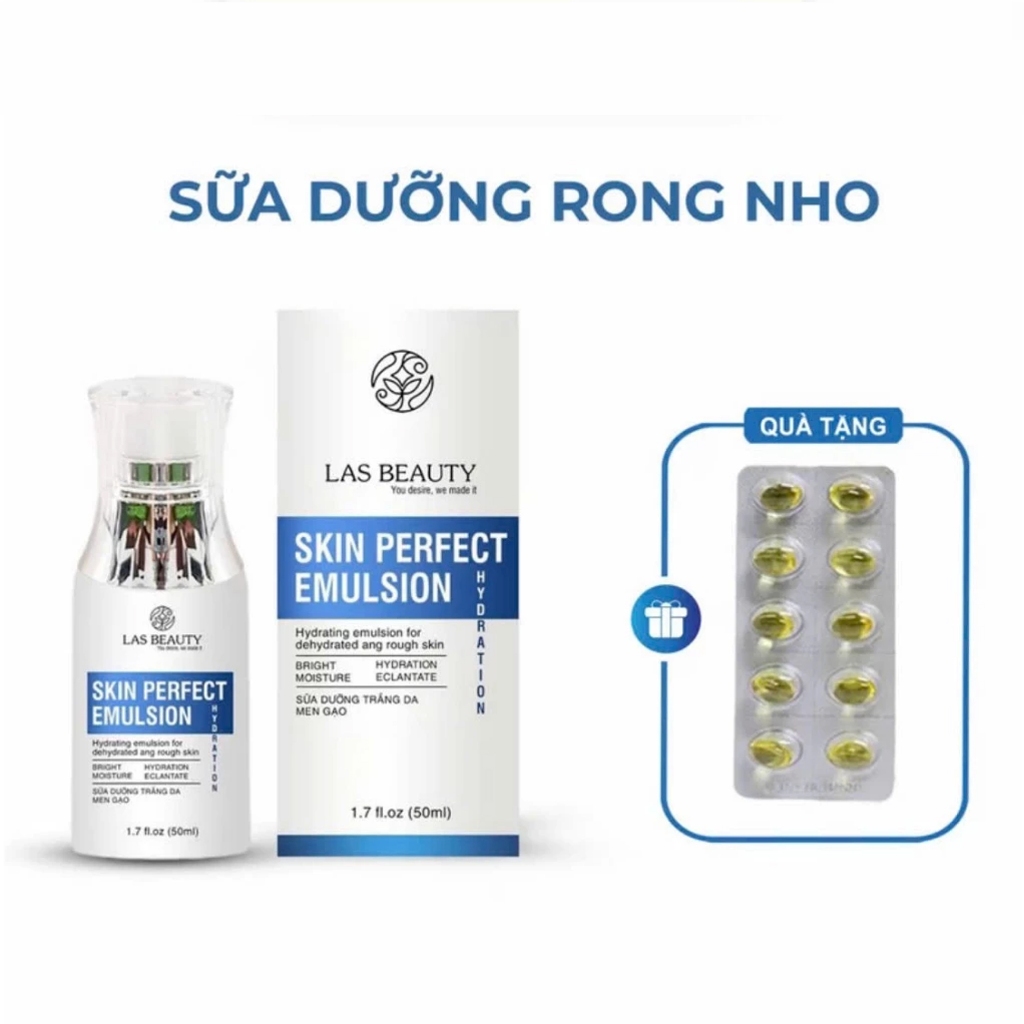 Sữa dưỡng Rong Nho Nhật Bản Las Beauty truyền trắng dưỡng da căng bóng Skin Perfect Emulsion 50ml Tặng kèm vỉ vitamin E