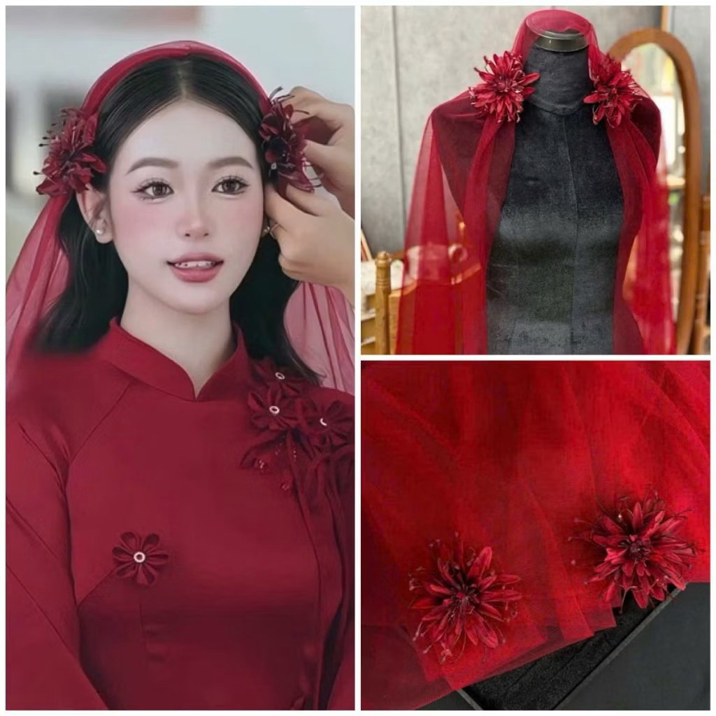 ✨✨✨ Set hoa cài tóc và voan cô dây đỏ đô xinh|PHUKIENCUOIYENLINH