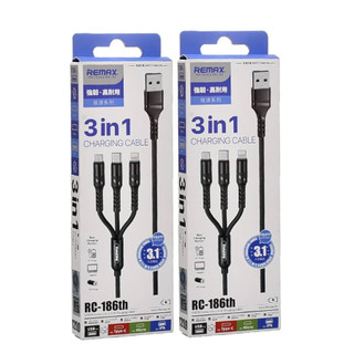 Cáp sạc REMAX 3 đầu RC-186th 3 in 1 (Micro, Type C, L) - Max 2.1A - Hợp kim nhôm - Dây dù