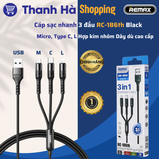 Cáp sạc REMAX 3 đầu RC-186th 3 in 1 (Micro, Type C, L) - Max 2.1A - Hợp kim nhôm - Dây dù