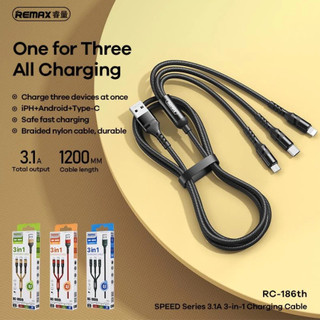 Cáp sạc REMAX 3 đầu RC-186th 3 in 1 (Micro, Type C, L) - Max 2.1A - Hợp kim nhôm - Dây dù
