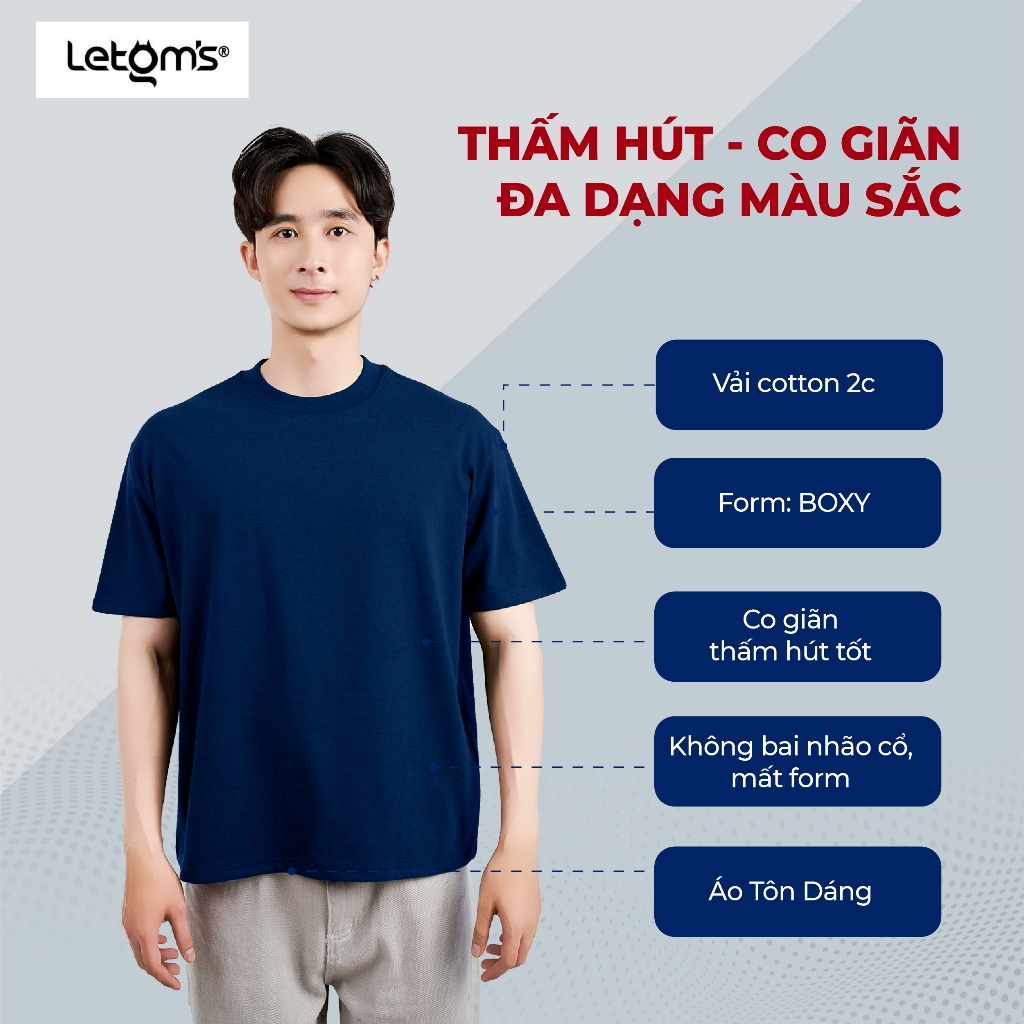 Áo Thun Nam Form Boxy LeTom's, Cotton 250GSM, Co Giãn, Thấm Hút, Form Rộng, Nhiều Màu Hot Trend