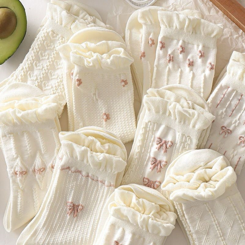 Set 5 Đôi Vớ Cotton Đính Nơ Họa Tiết Hoa Nhỏ Xinh Xắn Phong Cách Harajuku Cho Nữ tt76 LILIRIA
