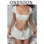 ONESOON Set 2 món áo crotop ngắn tay cổ vuông viền ren kèm chân váy ngắn lưng chun dáng xòe cho nữ