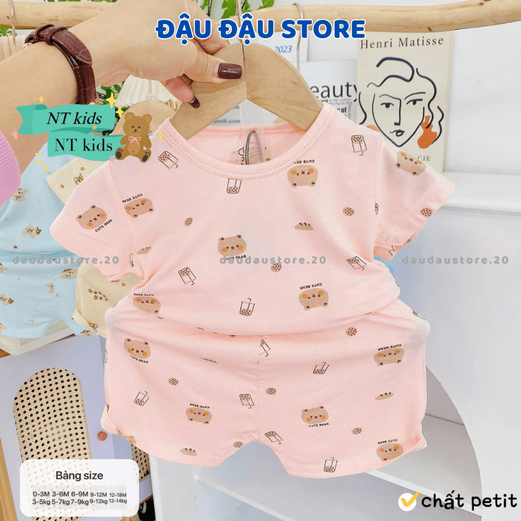 [Bộ Cài Vai] Set 2/3 bộ cộc tay cài vai màu thun petit in hoạ tiết cho bé sơ sinh 4-14 kg NT-CV06 Đậu Đậu Store