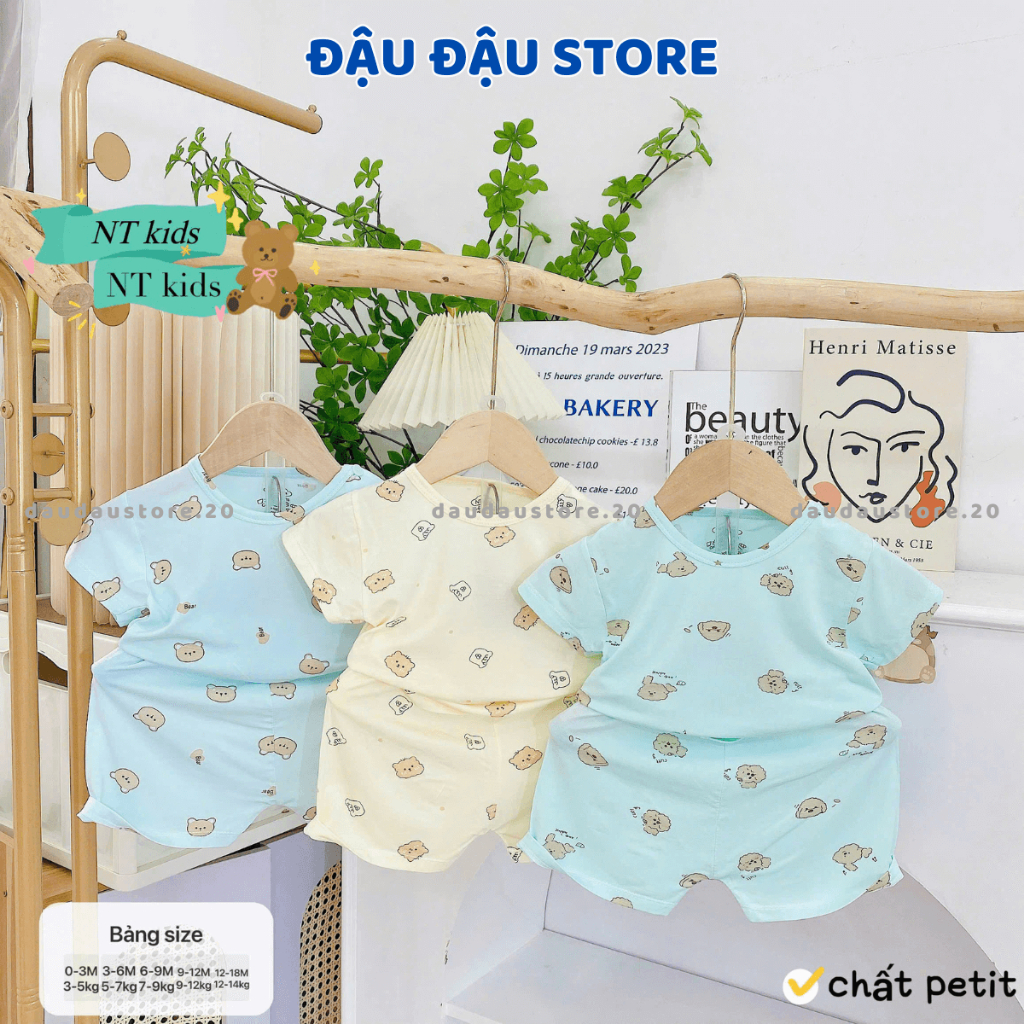 [Bộ Cài Vai] Set 2/3 bộ cộc tay cài vai màu thun petit in hoạ tiết cho bé sơ sinh 4-14 kg NT-CV06 Đậu Đậu Store