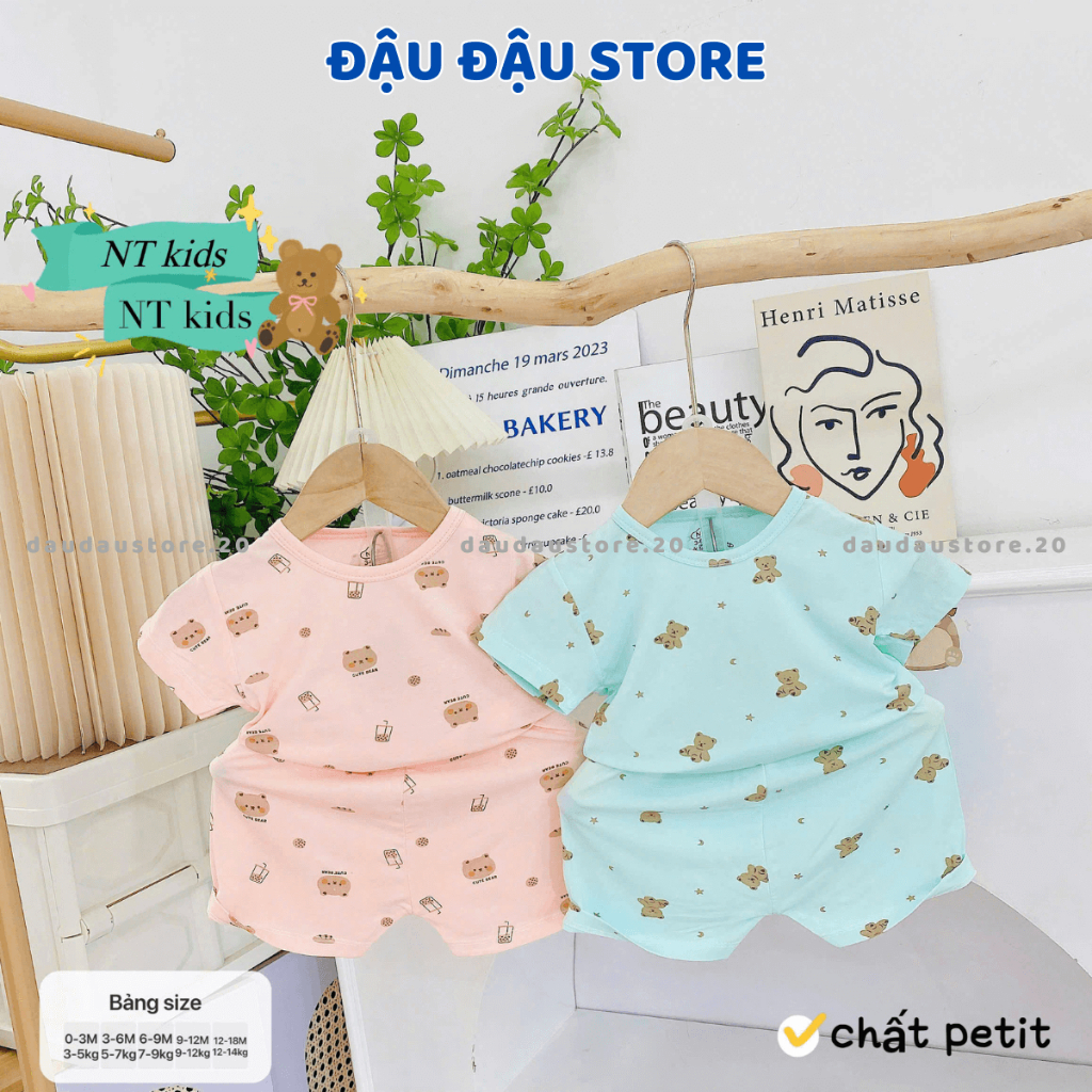 [Bộ Cài Vai] Set 2/3 bộ cộc tay cài vai màu thun petit in hoạ tiết cho bé sơ sinh 4-14 kg NT-CV06 Đậu Đậu Store