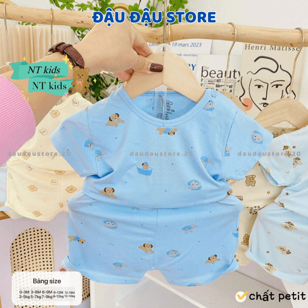 [Bộ Cài Vai] Set 2/3 bộ cộc tay cài vai màu thun petit in hoạ tiết cho bé sơ sinh 4-14 kg NT-CV06 Đậu Đậu Store