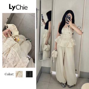 Set Áo Chấm Bi Cup Ngực Phối Bèo Kết Hợp Quần Suông Dáng Dài Tôn Dáng Nhẹ Nhàng Và Tinh Tế - Lychie