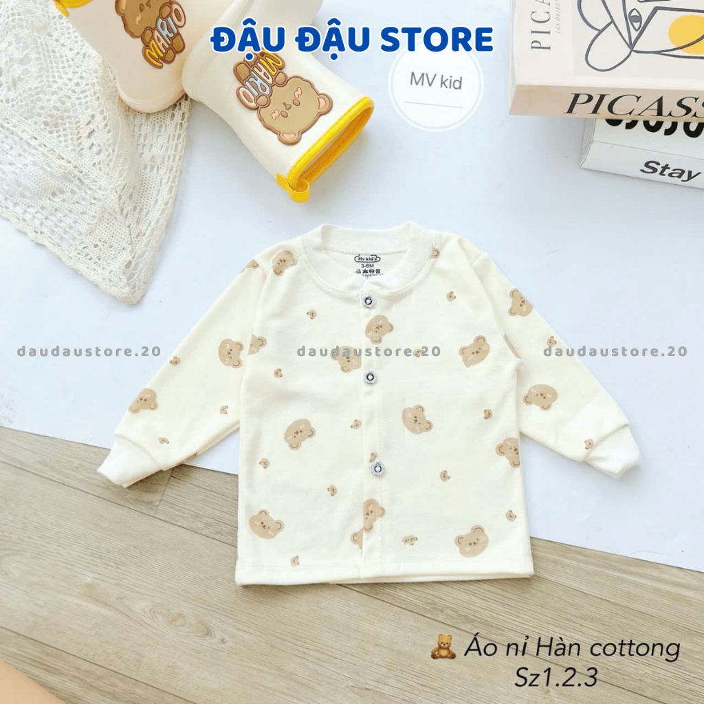 Set 5 Áo Dài Tay Thu Đông Sơ Sinh Nỉ Cotton Cúc Giữa  Nền Kem Mềm Mịn cho bé sơ sinh 0 - 9 tháng AC00 Đậu Đậu Store
