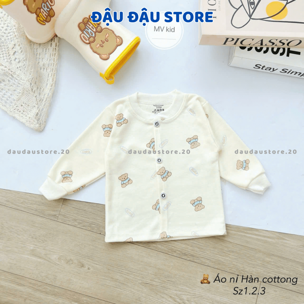 Set 5 Áo Dài Tay Thu Đông Sơ Sinh Nỉ Cotton Cúc Giữa  Nền Kem Mềm Mịn cho bé sơ sinh 0 - 9 tháng AC00 Đậu Đậu Store