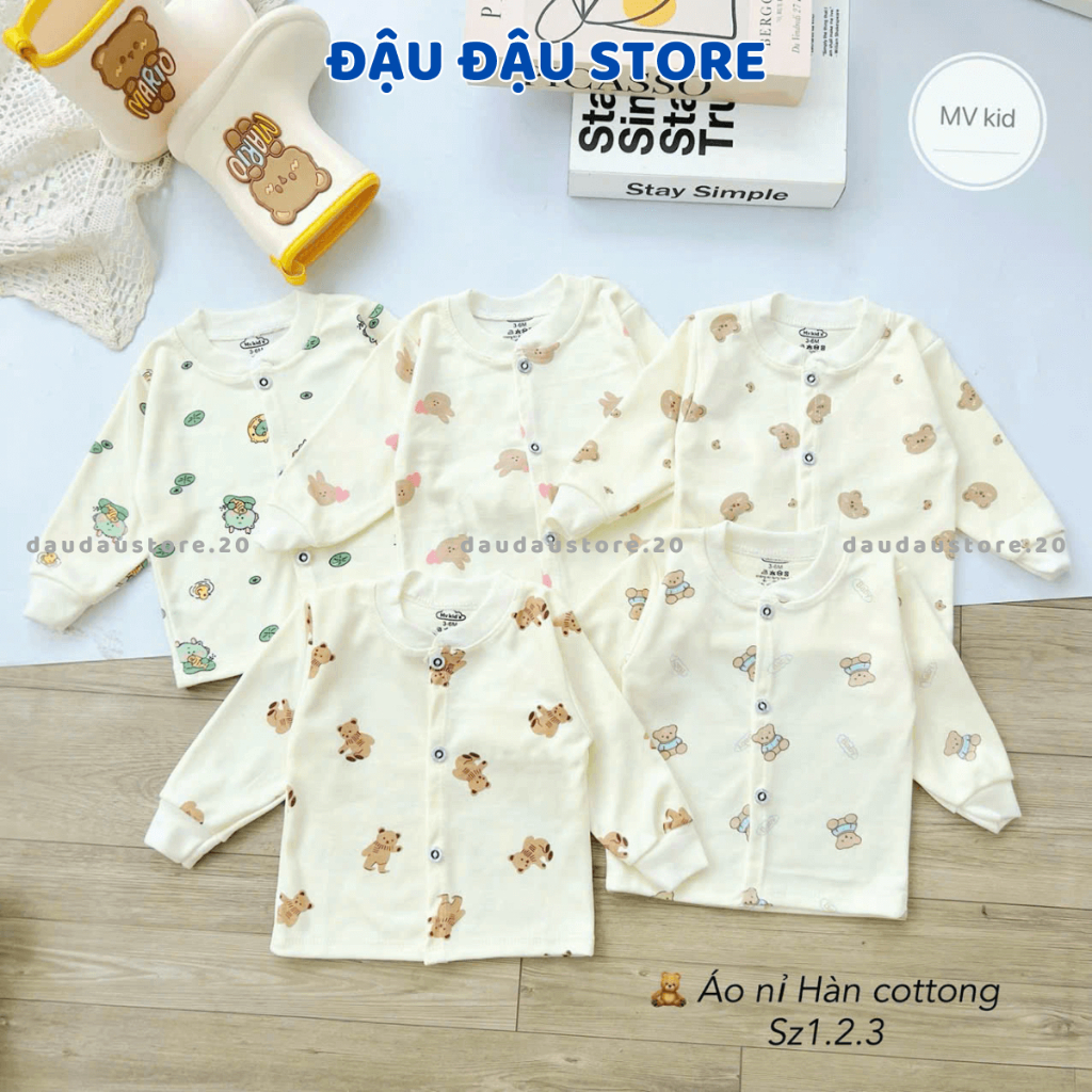 Set 5 Áo Dài Tay Thu Đông Sơ Sinh Nỉ Cotton Cúc Giữa  Nền Kem Mềm Mịn cho bé sơ sinh 0 - 9 tháng AC00 Đậu Đậu Store