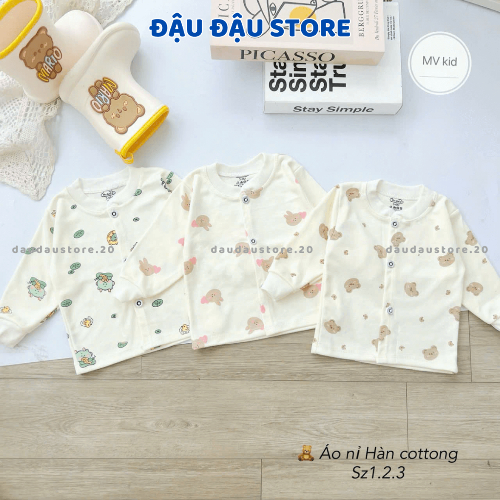 Set 5 Áo Dài Tay Thu Đông Sơ Sinh Nỉ Cotton Cúc Giữa  Nền Kem Mềm Mịn cho bé sơ sinh 0 - 9 tháng AC00 Đậu Đậu Store